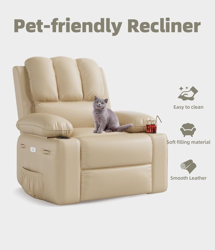 TROPOW Oversized Electric Power Recliner Chair with Heat & Massage - 360° Swivel Rocker Recliner for Living Room, PU Leather Recliner with 1.5X Sponge Filling, 22" Large Seat Lazyboy Style