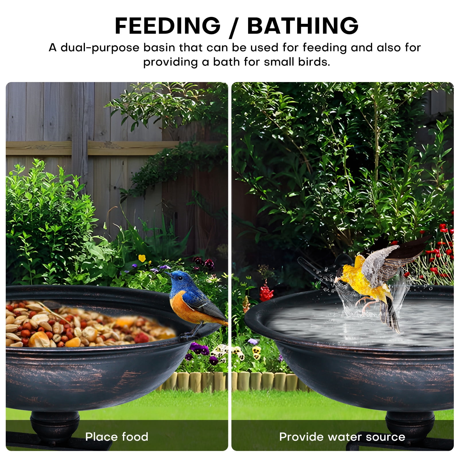 Hongshifu 12in Deck-Mounted Vintage Bird Bath with Adjustable Steel Clamp - Lightweight Detachable Metal Bowl for Railing, Balcony, Yard and Garden - Rustproof and Easy to Clean