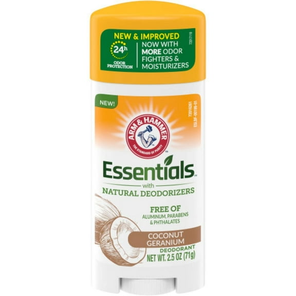 ARM & HAMMER Essentials Deodorant, with Natural Deodorizers, Coconut Geranium, 2.5 oz (Pack of 4)