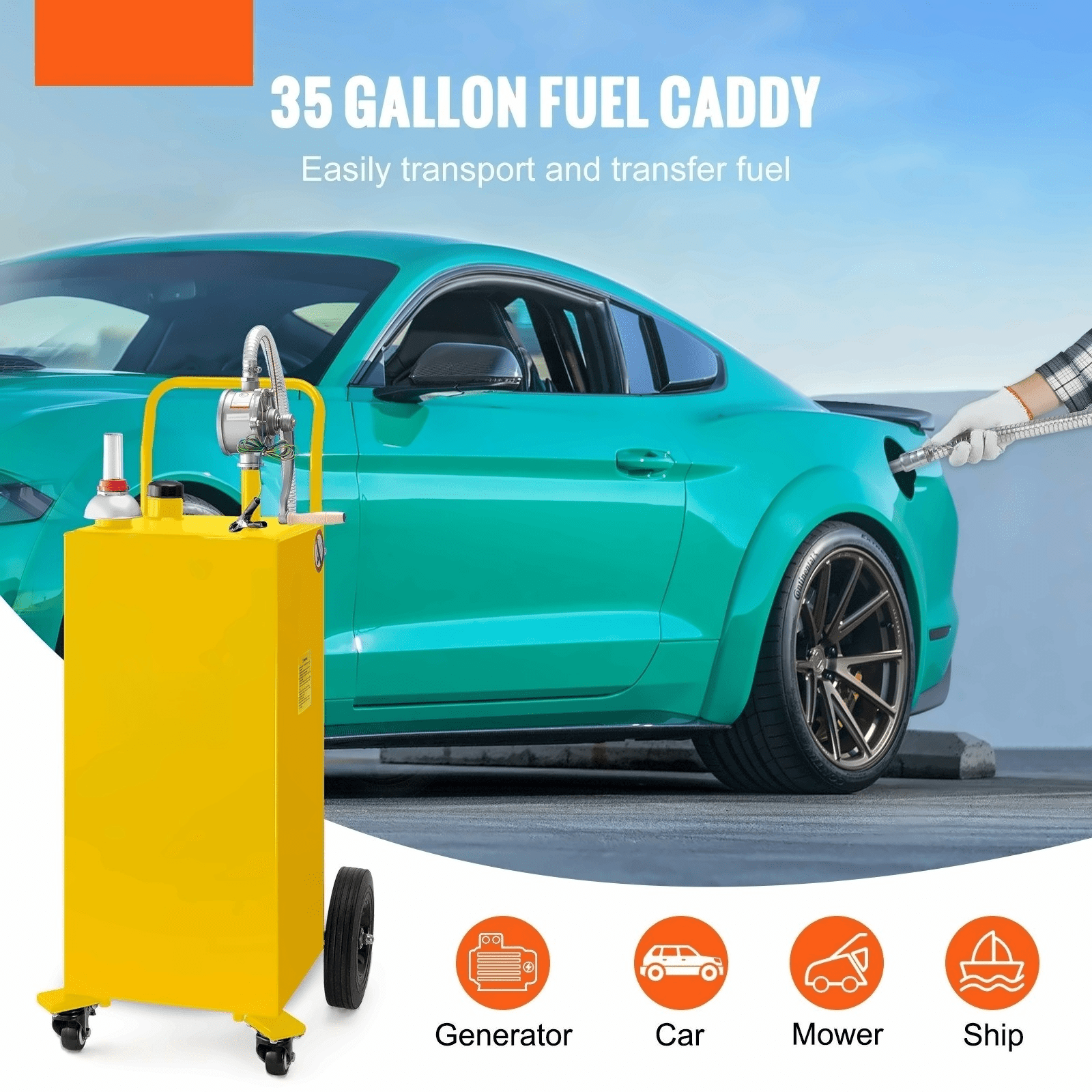 35 Gallon Fuel Caddy - Gas Storage Tank on Wheels with Manual Pump - Gasoline Diesel Kerosene Container for Cars, Lawnmowers, ATVs, Boats