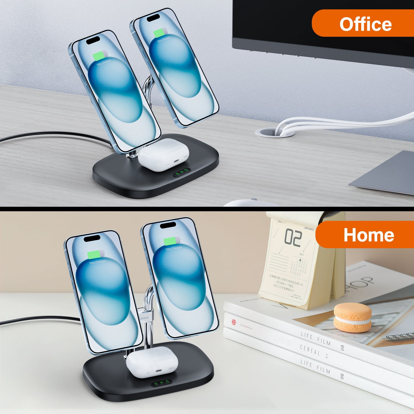 SwanScout Wireless Charger for iPhone 16 Series, Dual Magnetic Charger for iPhone 15/14/13/12 Series, Charging Station for Airpods 4/Airpods Pro 2/3, SwanScout 706M