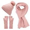Bmisegm Women&Men Autumn Winter Warm Wool Hat Scarf Gloves Slouchy Three Pieces Winter Snow Knit Cap Screen Mittens Scarves Sets Winter Scarf for Women Pink One Size