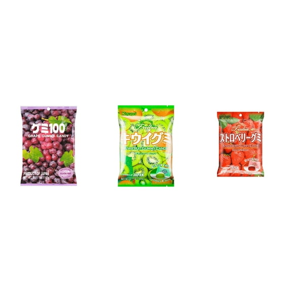 3 Pack Kasugai Gummy Candies, Made in Japan, Gluten Free, Mix 3 Flavor (Grape Frutia,Kiwi,Strawberry) Plus NineChef Brand Long Handle Coffee Spoon