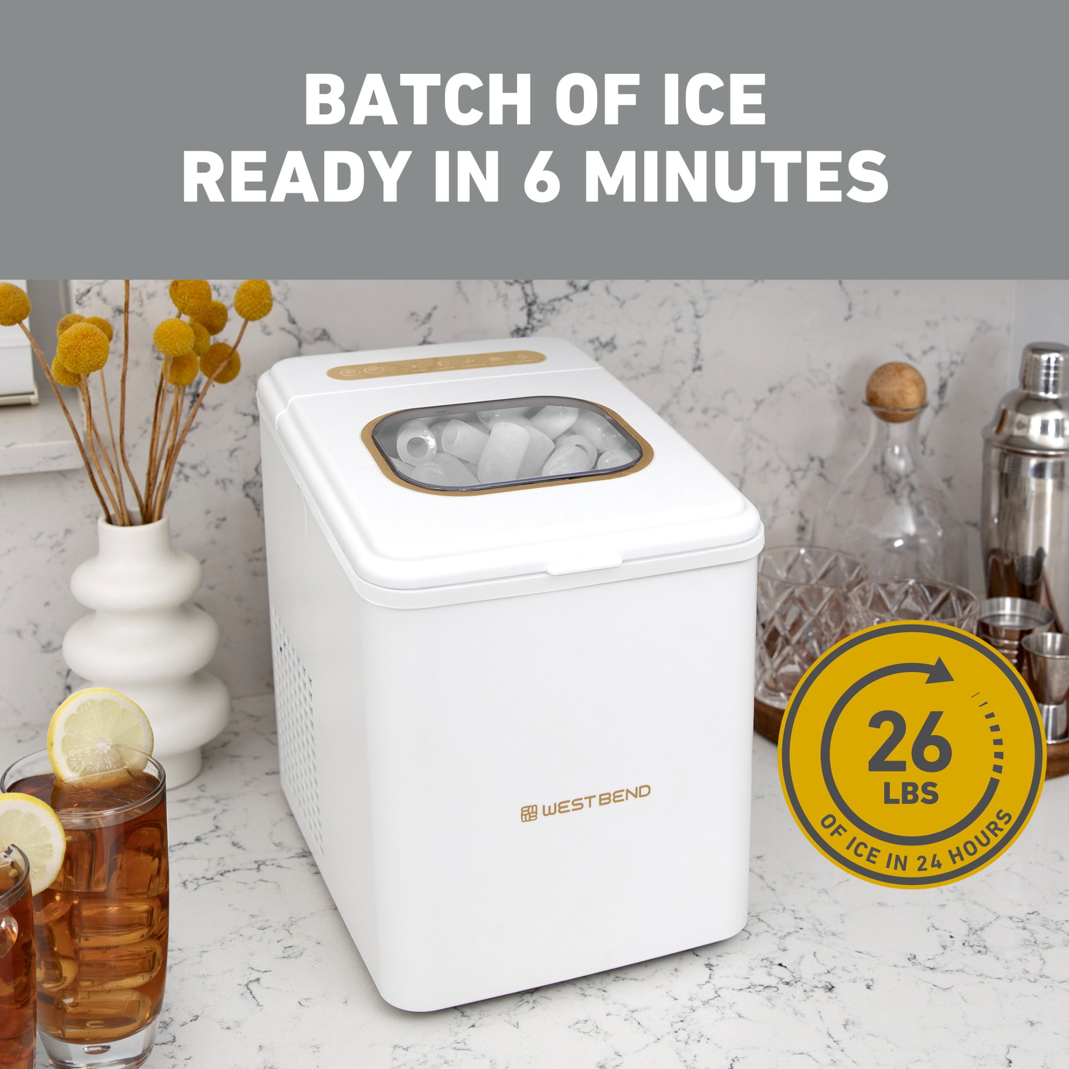 West Bend Timeless 26lb. Countertop Bullet Ice Maker in White and Gold (WBIM2625WG)