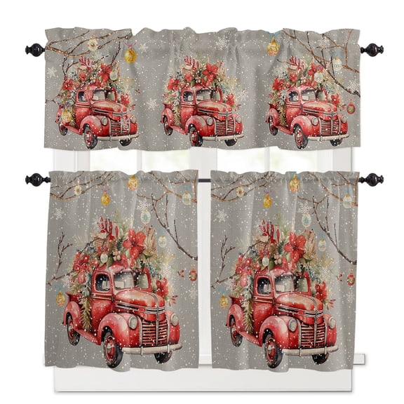 Christmas Red Kitchen Curtains and Valances Set, Truck Poinsettia Flower Balls Grey Linen Rod Pocket Window Valance 18 Inch Window Curtain Panels for Living Room Bedroom Laundry, 27.5x24in, 3 Pieces