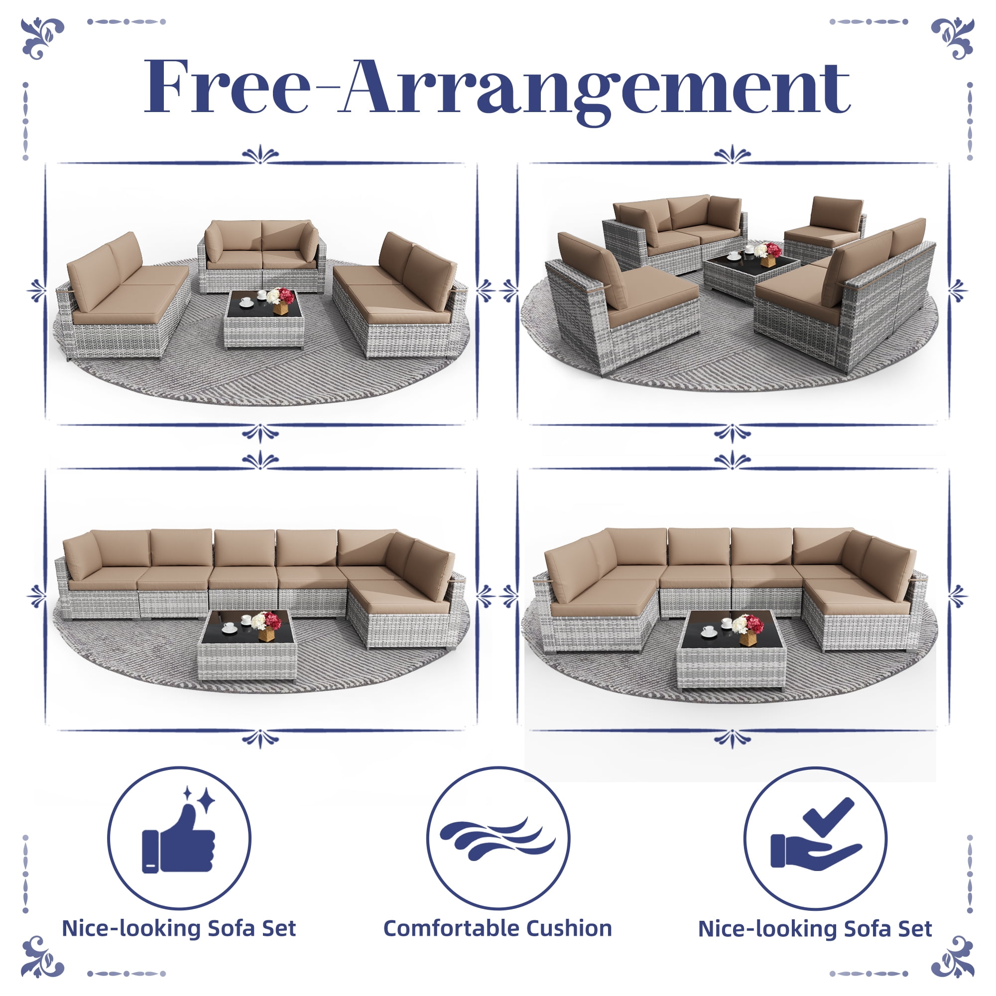 KIGOTY 7 Piece Outdoor Patio Furniture, Wicker Rattan Outdoor Conversation Set Sectional Sofas for Backyard, Garden, Grayish-white Camel