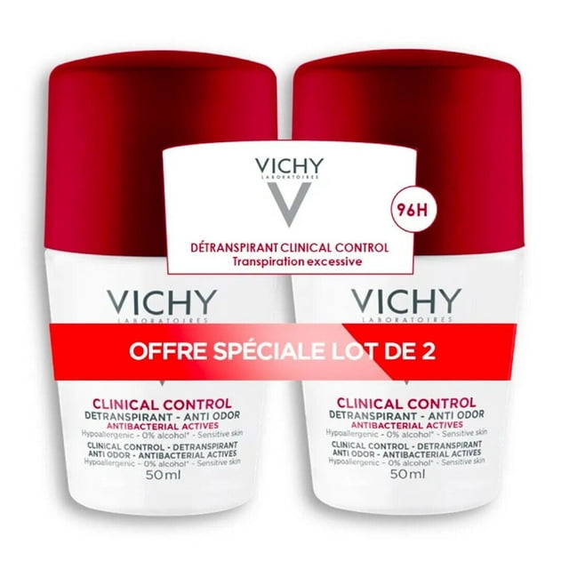 desodorante roll-on antitranspirante clinical control 96h (2 tubos de 50 ml cada uno) lote de dos roll-on blancos con tapas rojas, vista frontal centrada que muestra las etiquetas y la marca en el envase, cada tubo indica 50 ml; formato compacto apto para llevar en el neceser.