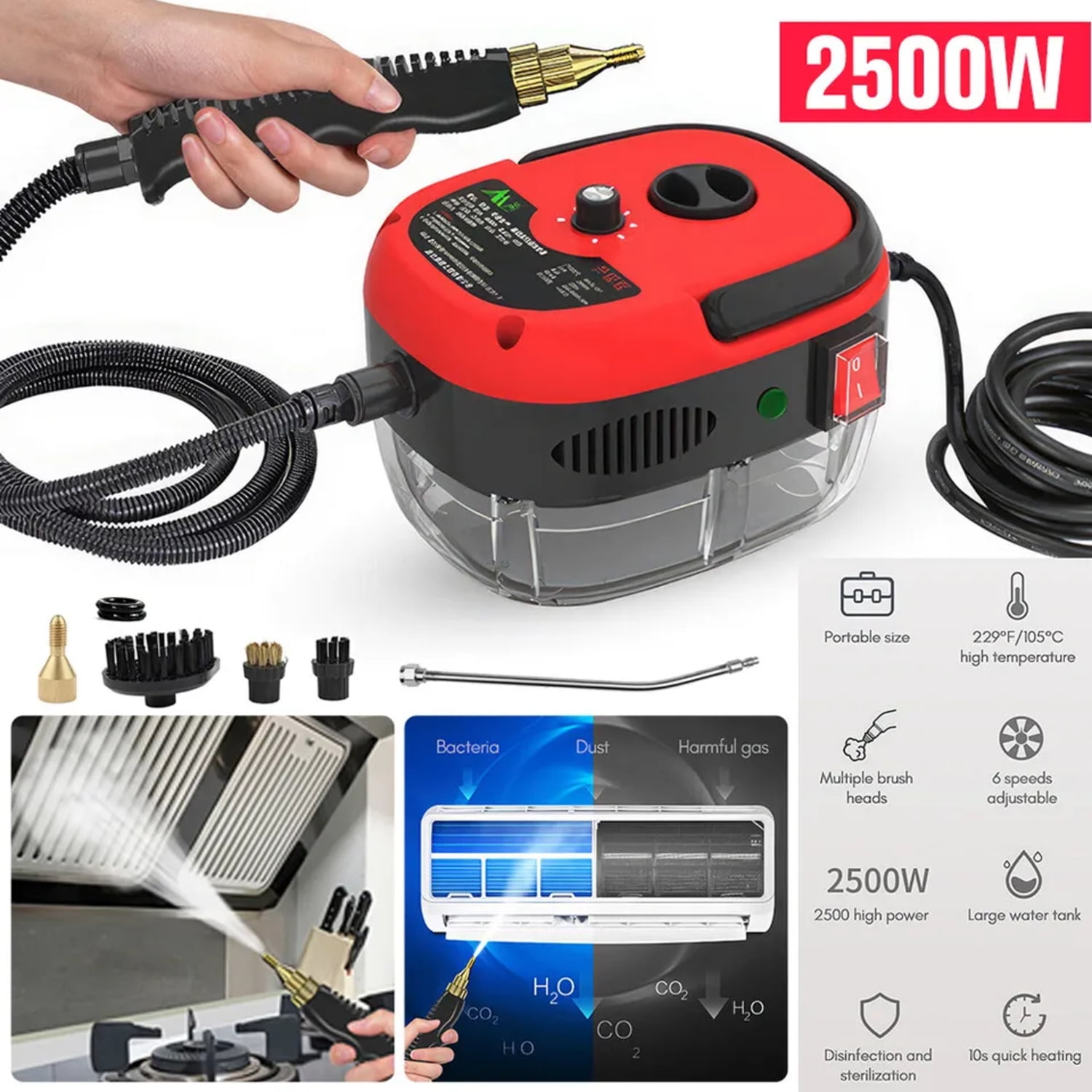 Fylivore 2500W Steam Cleaner, Handheld High Temperature Pressurized Steamer for Cleaning, with 3Pcs Brush Heads for Kitchen/Furniture/Bathroom/Car
