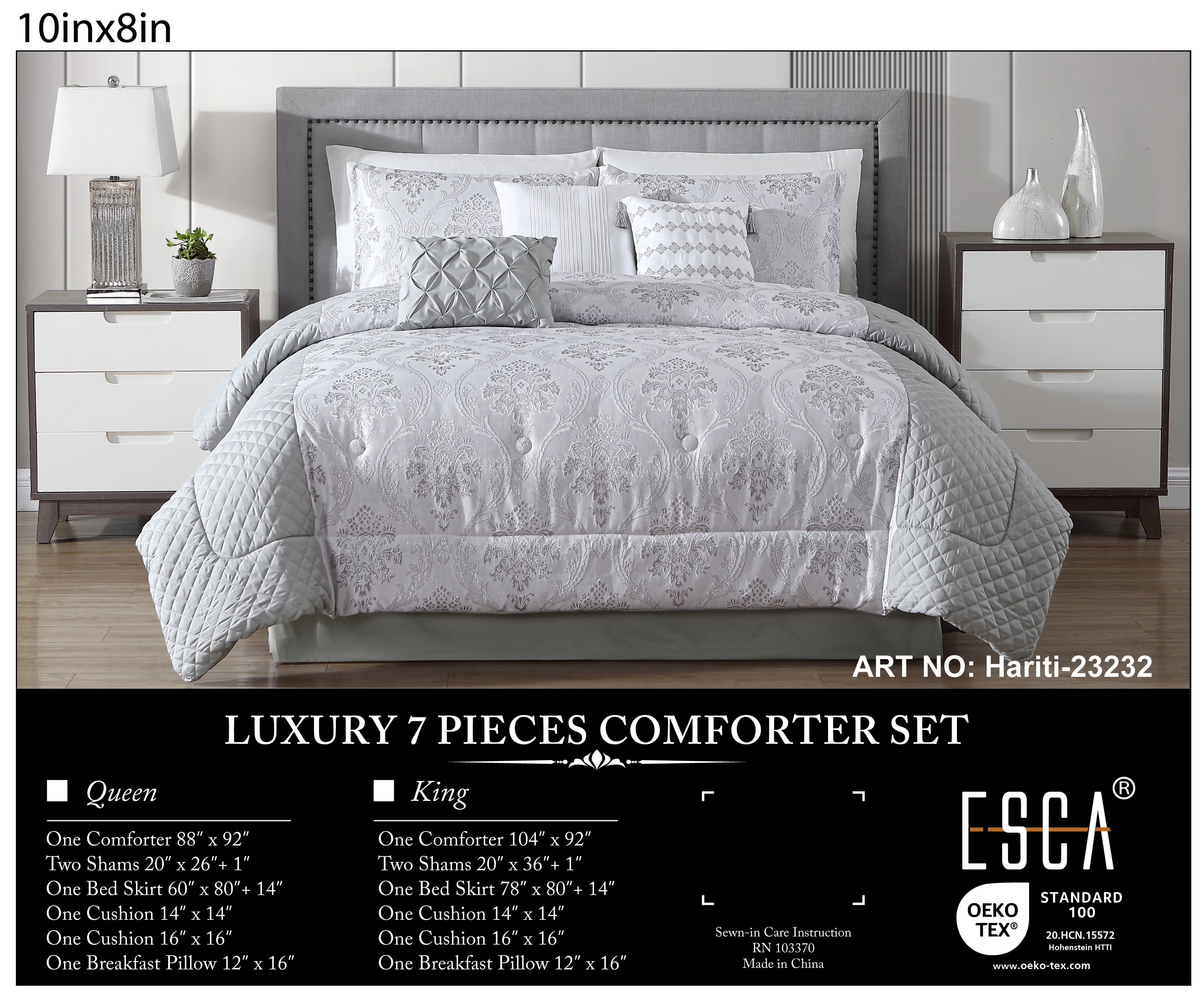 ESCA Hariti 7‑Piece Luxury Comforter Bed‑in‑a‑Bag Set, Light Grey Damask Pattern Bedding Set,KING