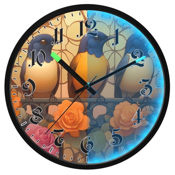 Ryvnso Birds Peony Floral 12 Inch Night Light Wall Clock Luminous Silent Battery Operate Clocks
