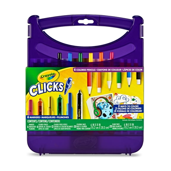 Crayola Clicks Art Set for Kids, Retractable No-Dry Tips, Travel Activity Kit with Washable Markers, Pencils, Refills & Paper, Gift for Kids, Ages 4