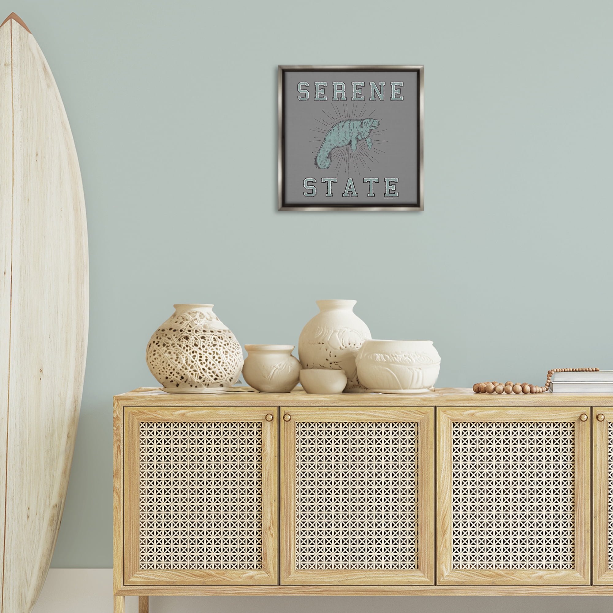 Stupell Industries Serene State Manatee Animals Painting Gray Floater Framed Canvas Art Print Wall Art, 18 x 18
