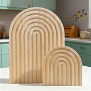 2 Pcs Decorative Wood Tray Set in 2 Sizes, Boho Farmhouse Wooden Cutting Boards with Rainbow Arch Design for Serving and Kitchen Wall Decor