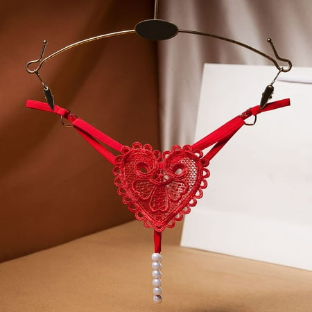 Women s Panties  Thongs for Women  Pearl G-String Panties Heart Print Panties  Low Waist Lace Crochet Hollow Out Briefs  Retro Pearl Love Thong  Red