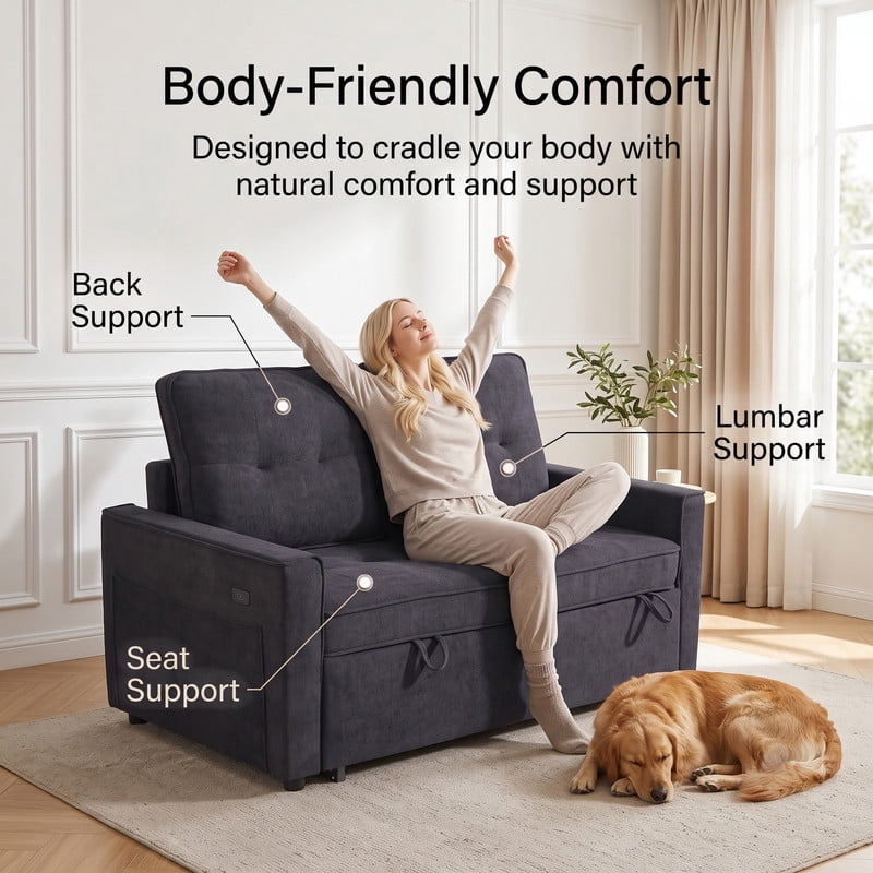 Gewnee 53” Sofa Bed, 3 in 1 Convertible Loveseat Sleeper Sofa, Pull Out Couch with USB Port, Futon Sofa Bed with Storage Pockets for Small Spaces, Teddy Fabric,Black