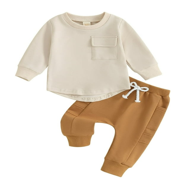 Toddler Boys 2PCS Pants Sets Solid Color Long Sleeve Sweatshirt and Drawstring Pants Sets 6-12 Months