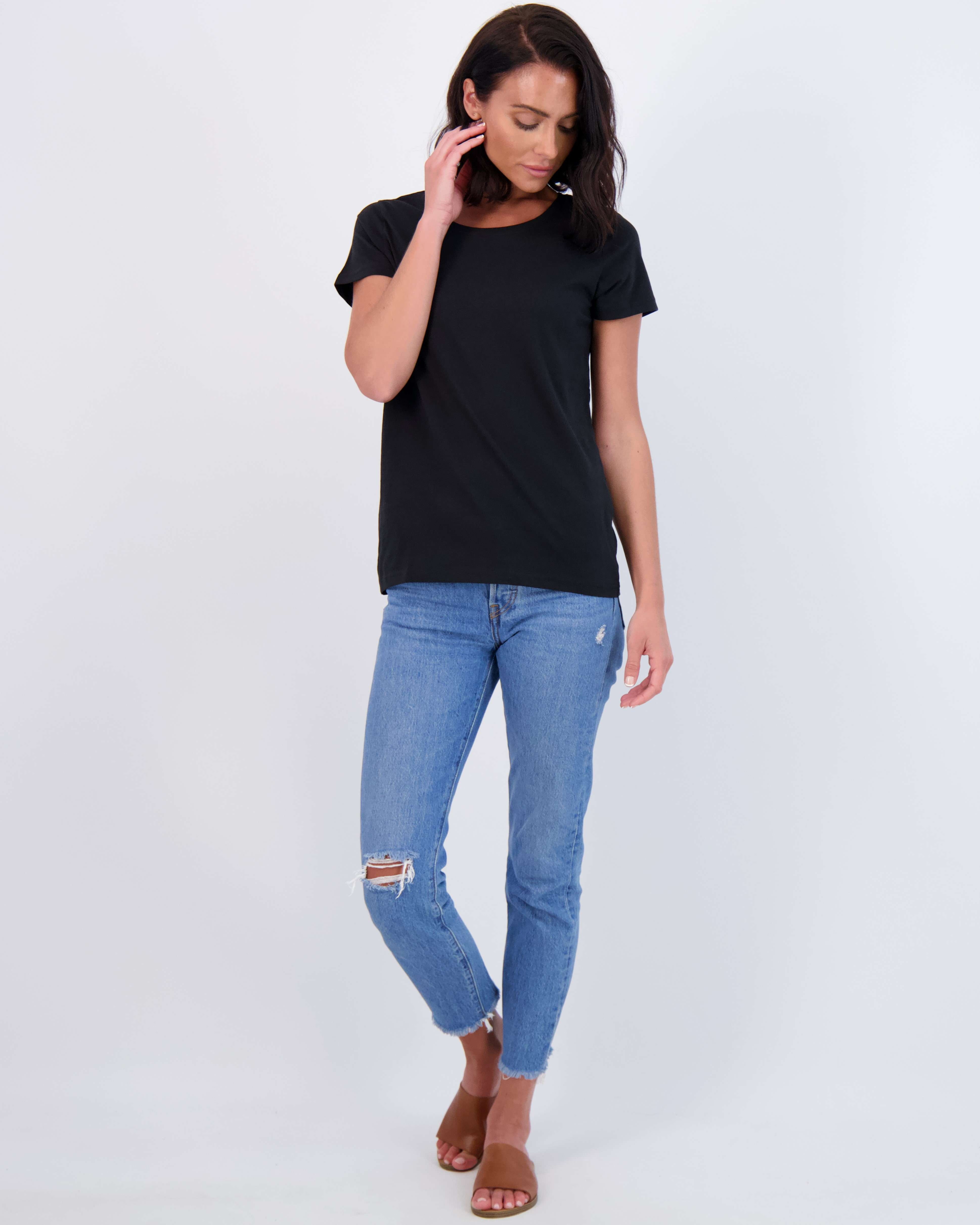 Real Essentials 4 Pack: Women's Classic-Fit Cotton Short-Sleeve Scoop Crew Neck T-Shirt (Available in Plus Size)