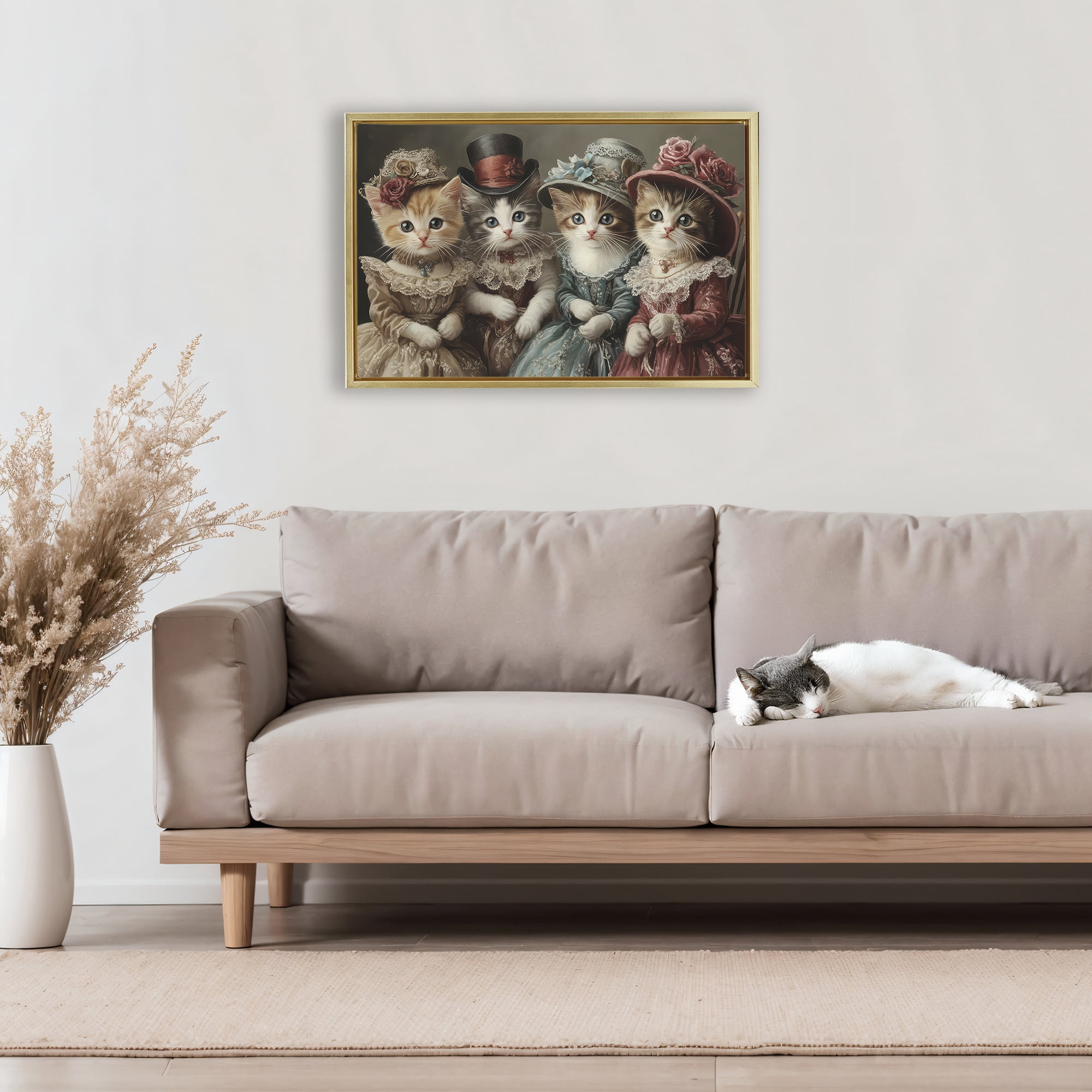 Stupell Industries Vintage Dress Kittens Gold Framed Floater Canvas Wall Art, design by The Wands Want