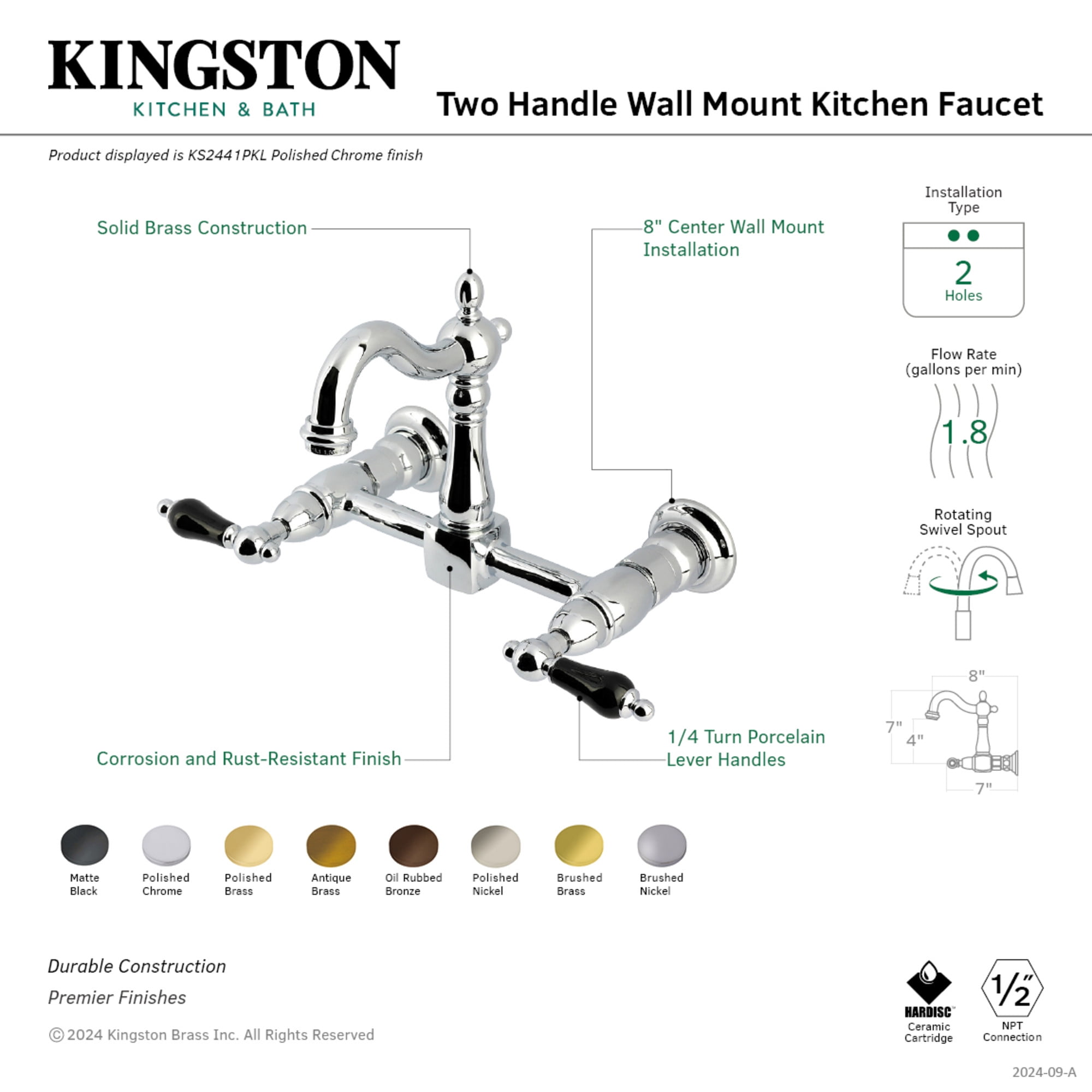 Kingston Brass KS2445PKL Duchess Double-Handle Wall-Mount Bridge Kitchen Faucet, Oil Rubbed Bronze
