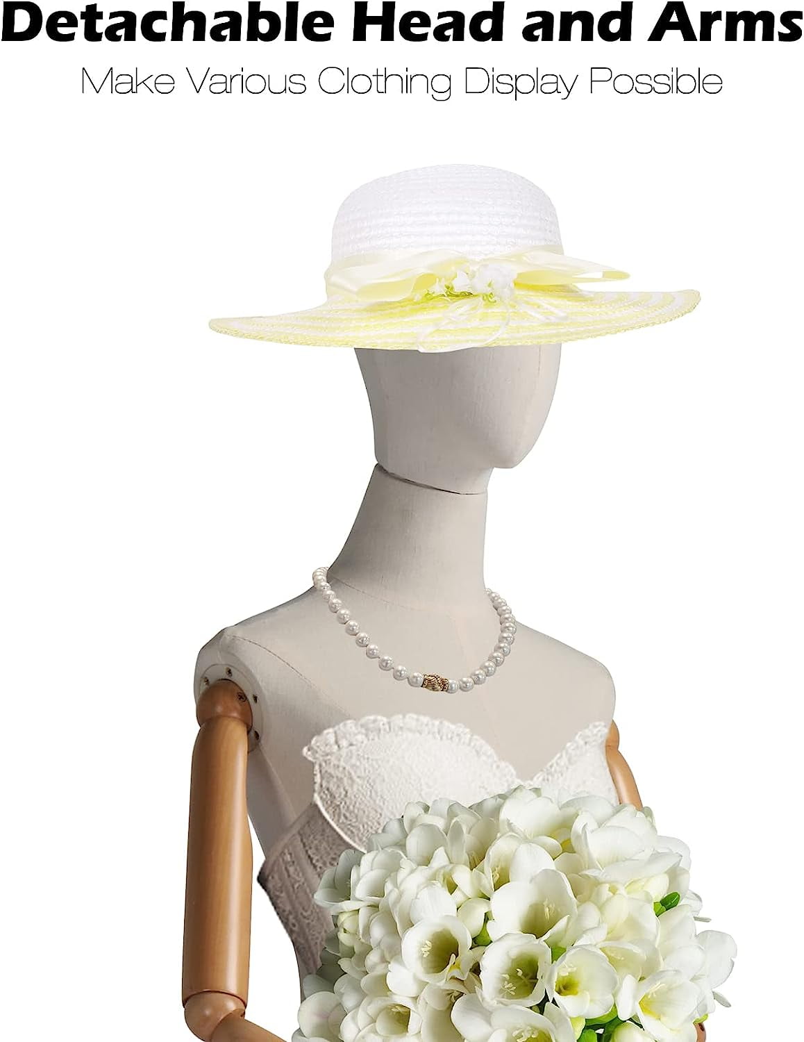 Bonnlo Female Head and Posable Wooden Arms Mannequin with Metal Base, 29.5"-52", White/Brown