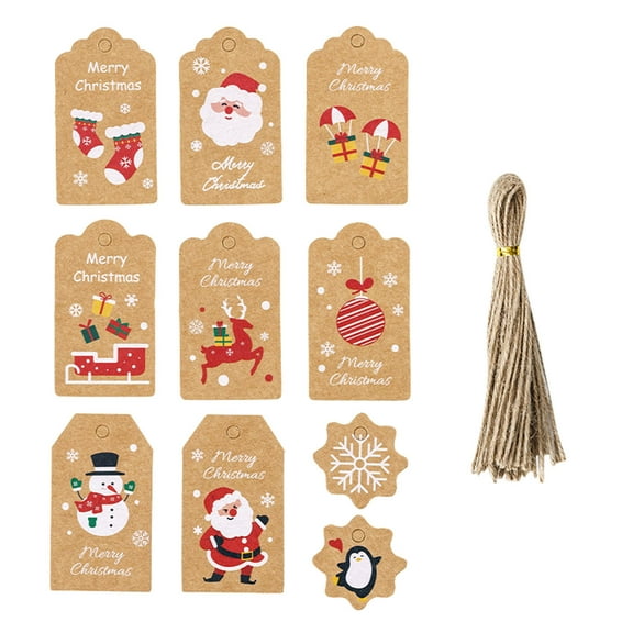 Christmas Gift Tags, Holiday Kraft Paper Labels, 100 PC Santa Claus Name Tags with Ropes for DIY Xmas Present Wrapping, Brown Durable Flax Paper Material