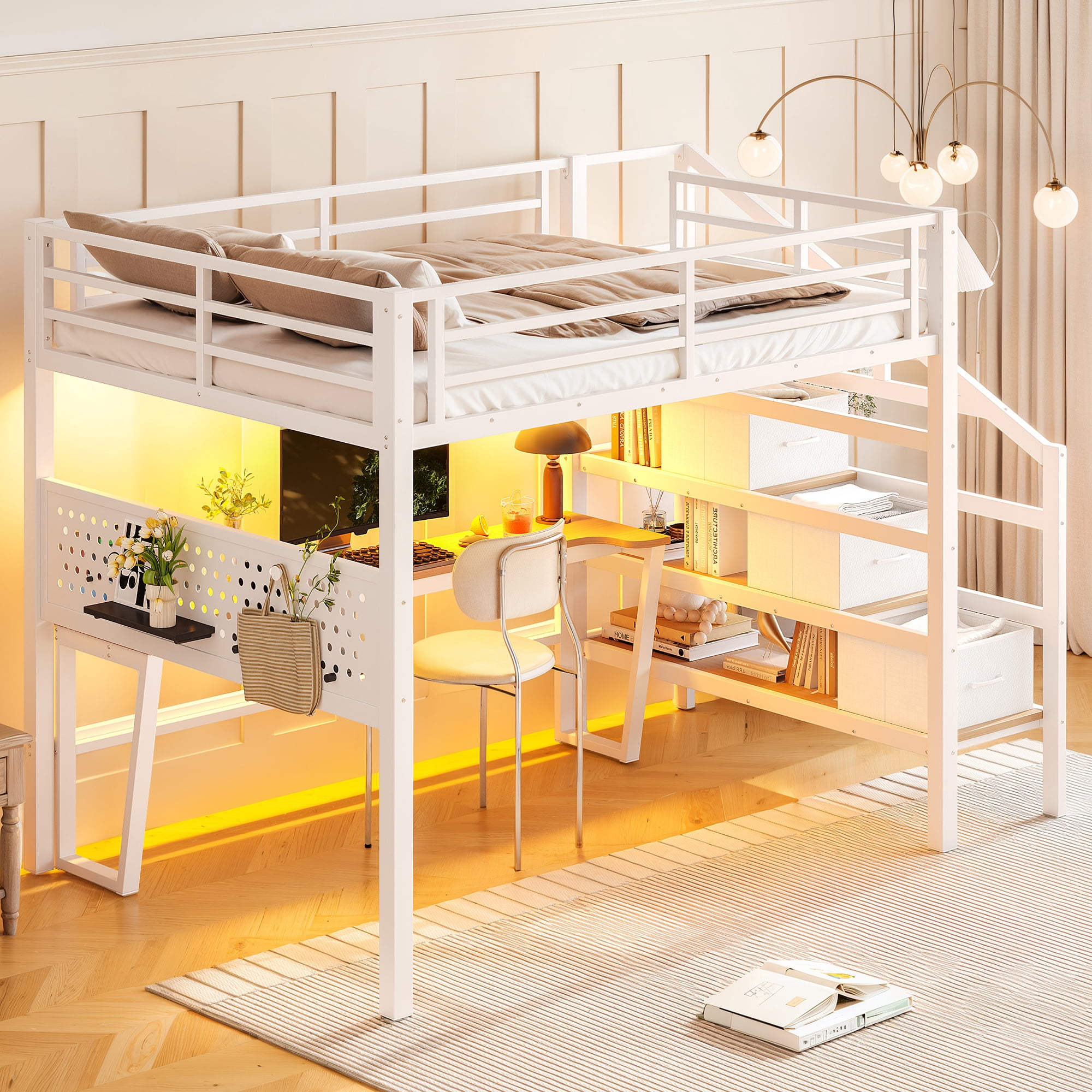 Leumius Full Size Loft Bed with Storage Stairs and Movable Desk with USB,Metal Loft Bed Frame with 3 Fabric Drawers and LED, Full-Length Guardrail and Pegboard,Antique White