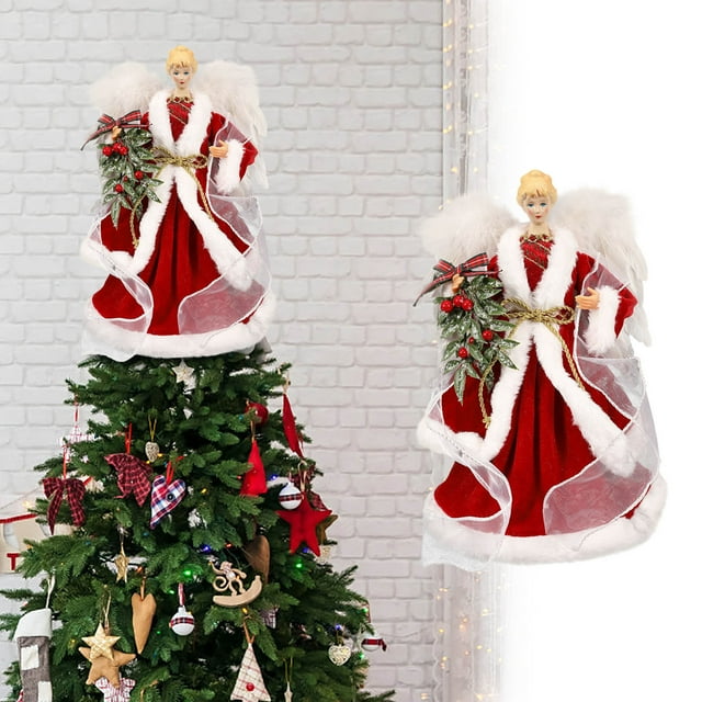 Eoozwa Angel Tree Topper Doll 13 Inch Height with Fabric Robe and Plastic Stand for Christmas Tree Decoration Festive Holiday Display