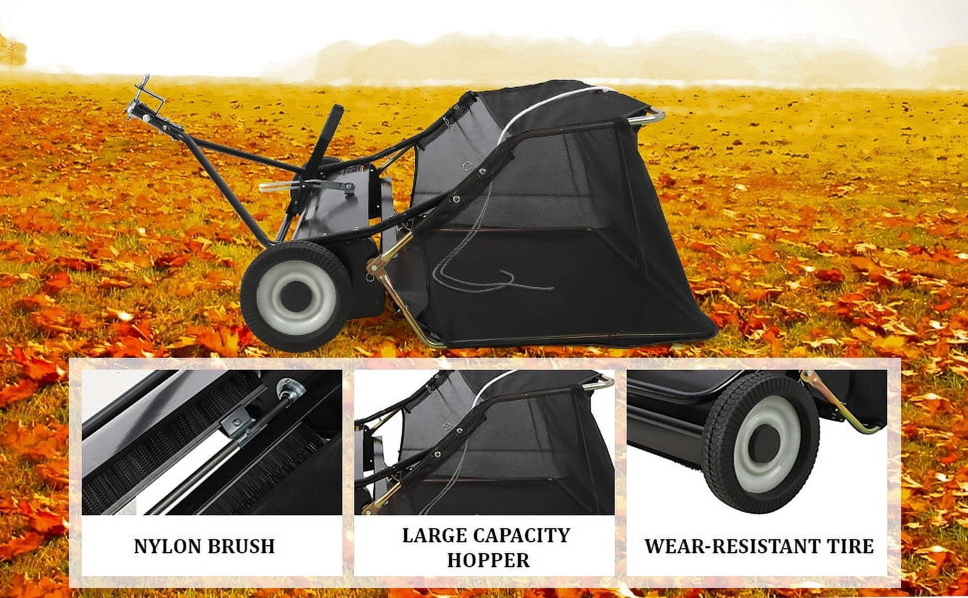 strundghti 48"Tow Behind Lawn Sweeper,Large Capacity Leaf&Grass Collector with Adjustable Sweeping Height,Dumping Rope Design for Picking up Debris&Grass