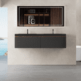 thumbnail image 5 of 60 Inch Floating Bathroom Vanity With 2 Sink, Wall-Mounted, Smoked Walnut, Striped Storage Cabinet, Soft-Close Drawers, Double Quartz Sand Basins, Fully Assembled, 5 of 9