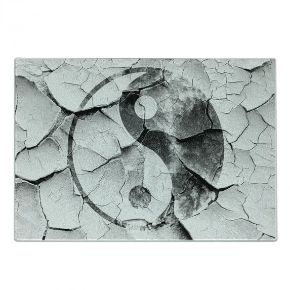 Ying Yang Cutting Board, Grunge Cracked Yin Yang Sign on the Wall Graphic Art Union, Decorative Tempered Glass Cutting and Serving Board, Small Size, Charcoal Grey Grey, by Ambesonne