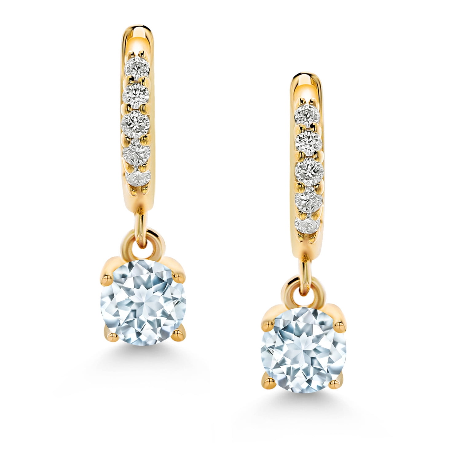 Gem Stone King 10K Yellow Gold Sky Blue Aquamarine and White Lab Grown Diamond Dangle Drop Huggie Hoop Earrings for Women (0.60 Cttw, Gemstone March Birthstone, Round 4MM)
