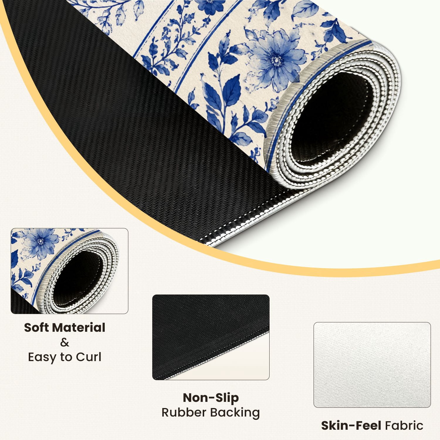Mahjong Mat 31.5" x 31.5" Blue White Floral Ornamental Vintage Style Non-Slip Noise Reduction Mahjong Tiles Table Cover for Dominoes Poker Card Board and Tile Games