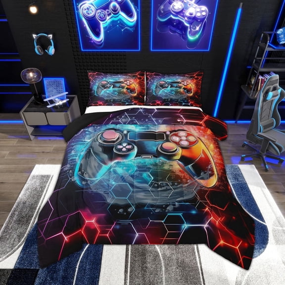 Erosebridal Video Game Bedding Twin Comforter Set,Geometric Honeycomb Down Comforter,Gradient Gamepads Bedding Sets Twin with Comforter,Lightweight Hexagon Room Decorative,Reversible,2-Piece
