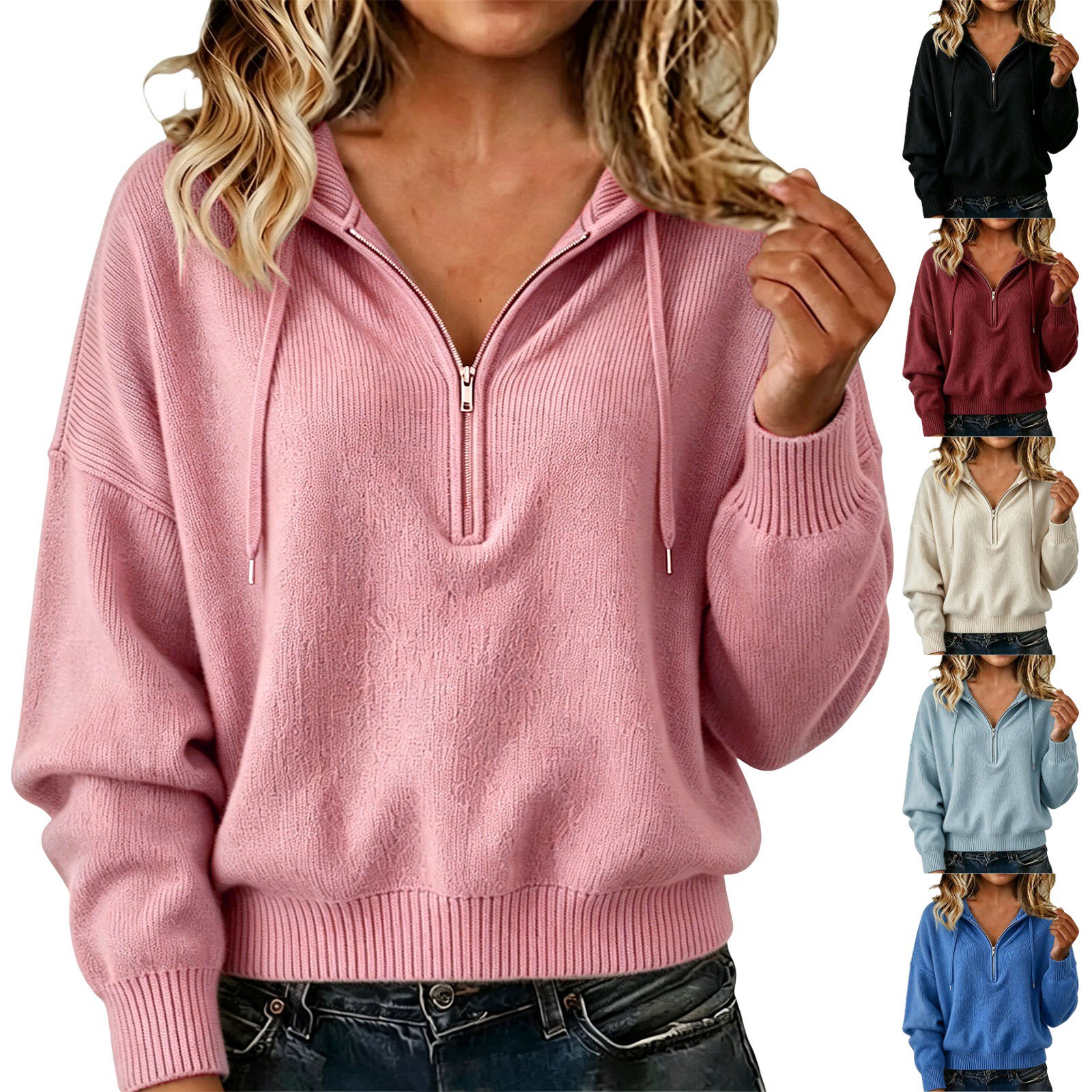 SAZBJOJN Sweaters for Women Loose Fit Pullover Knit Hoodie Fall Solid Color Zip Up Hooded Sweater Casual Long Sleeve Warm Sweater for Daily Wear Outerwear Size S Red