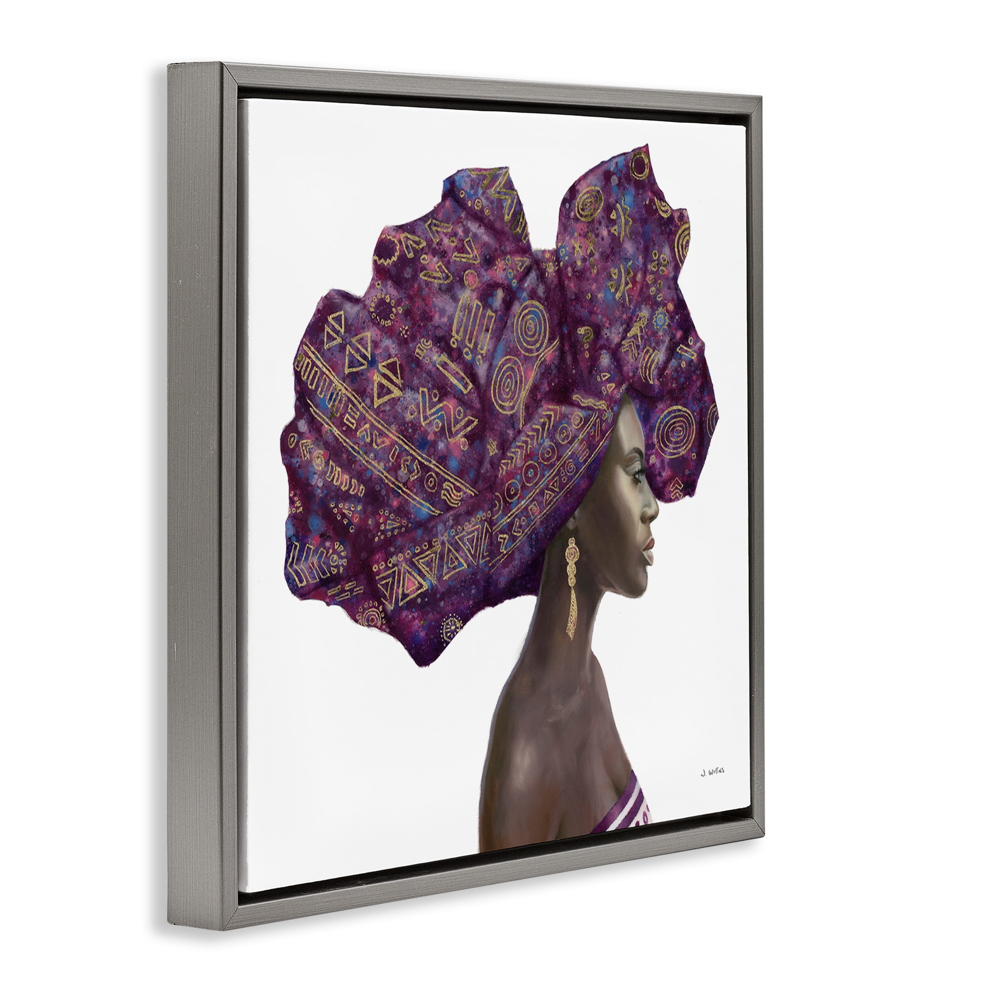 Stupell Industries Strong Female Portrait Headwrap Culture Beauty & Fashion Painting Gray Floater Framed Canvas Art Print Wall Art, 25 x 25