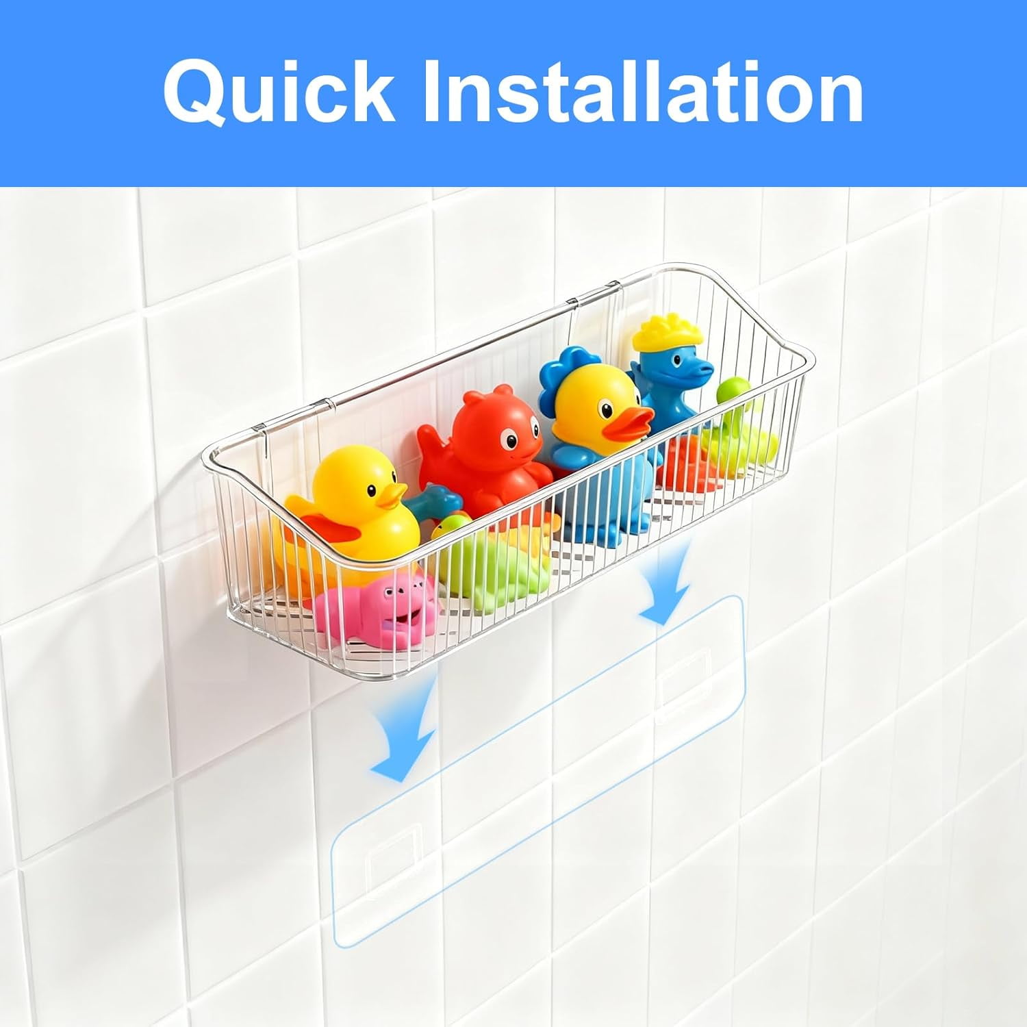 Bath Toy Storage Organizer with Drain Holes, Large Capacity Adhesive Shower Caddy, Quick-Dry Clear Plastic Bath Toy Holder, Easy to Install and Clean (2 Pack)