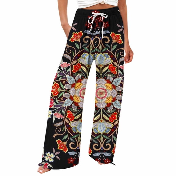 YUANGUANST Womens Dress Pants Women's Boho Wide Leg Palazzo Pants Womens Cotton Casual Loose Pants Comfy Work Pants With Long Casual Wide Leg Business Work Casual Pants