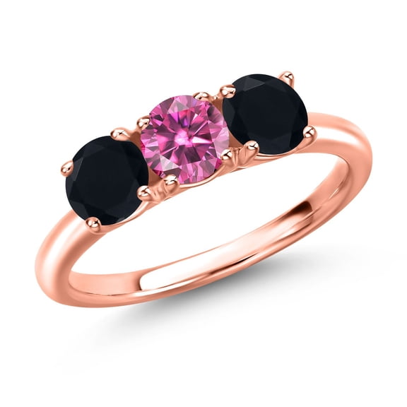 Gem Stone King 18K Rose Gold Plated Silver Pink Moissanite and Black Onyx Engagement Ring for Women | 1.45 Cttw | Round 5MM | Gemstone Birthstone | Size 5