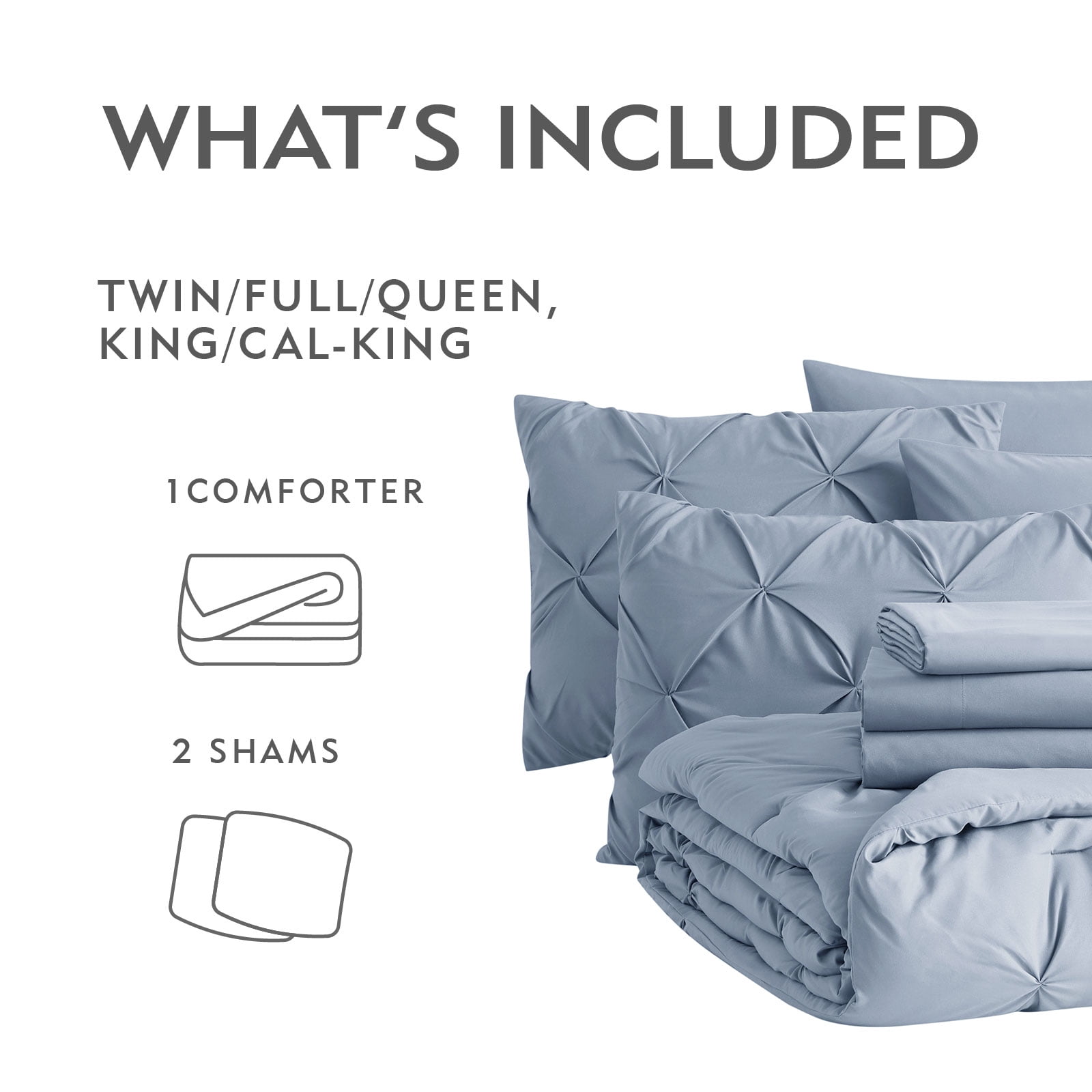 Bourina 3-Piece King Size Comforter Set, Pleated Wrinkle-Resistant Microfiber Bedding, Blue,All-Season