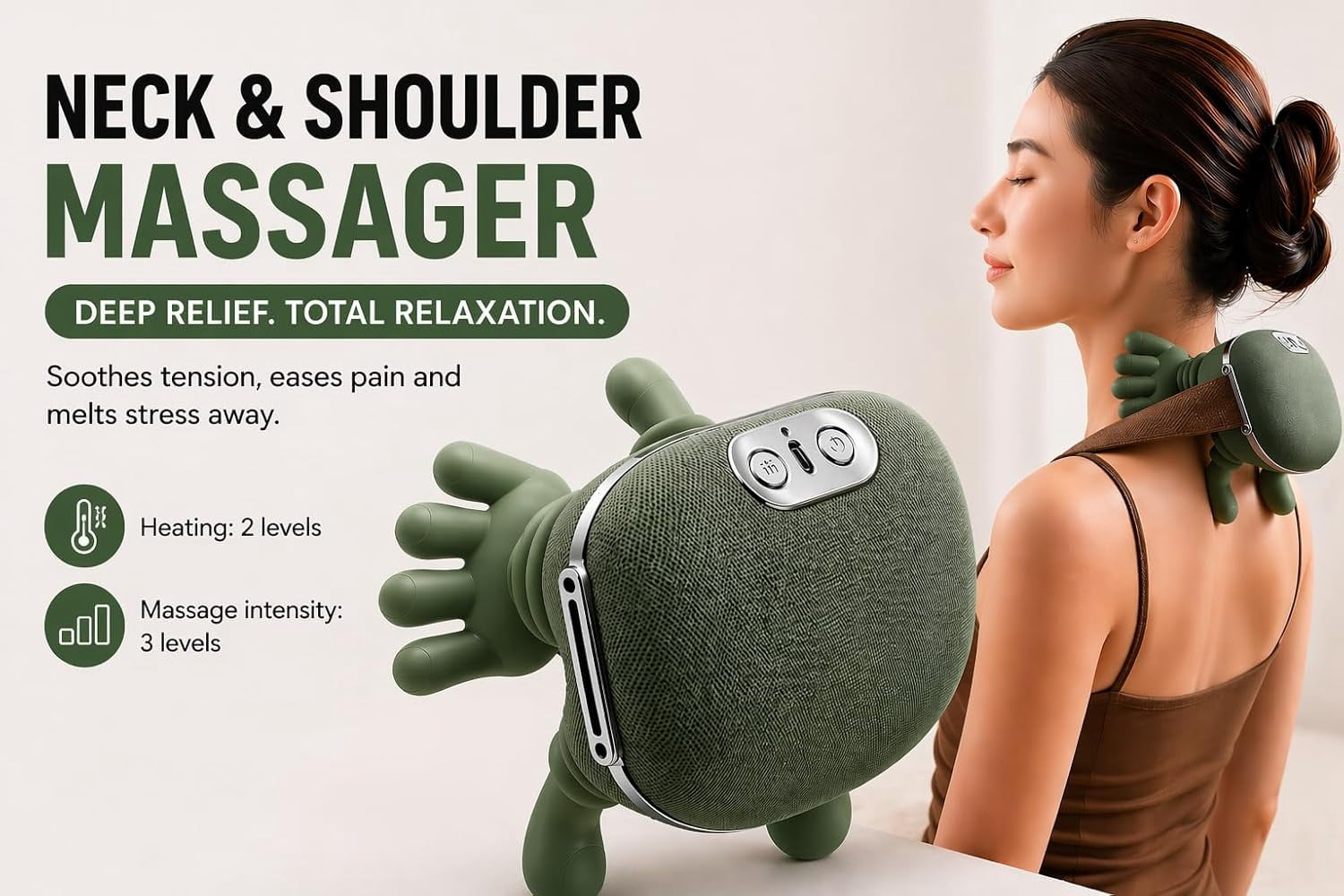 Electric Neck Massager with Heat - Realistic Hand Sensation Deep Tissue Shoulder Massager Cordless & Portable USB Rechargeable Neck Relaxer for Muscle Stress Relief