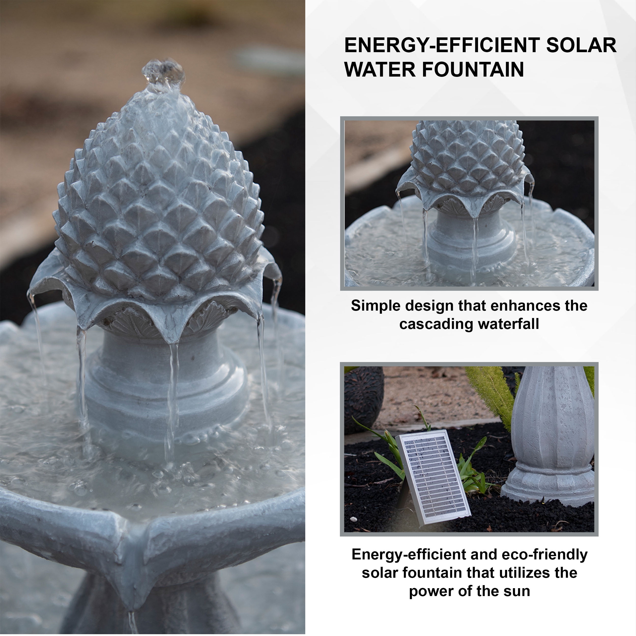 XBrand 44" H White Fiberglass/Resin 2-Tier Solar Water Fountain w/ Solar Panel and Auto-Shut Off Pump, Solar Garden Fountain, Tall Outdoor Fountain, Two Tiered Birdbath Fountain