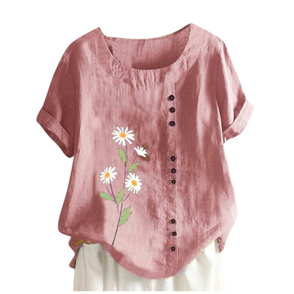 Ichuanyi Womens Tops, Women Print Casual Short Sleeve O-Neck Button Loose Shirt Top Blouse