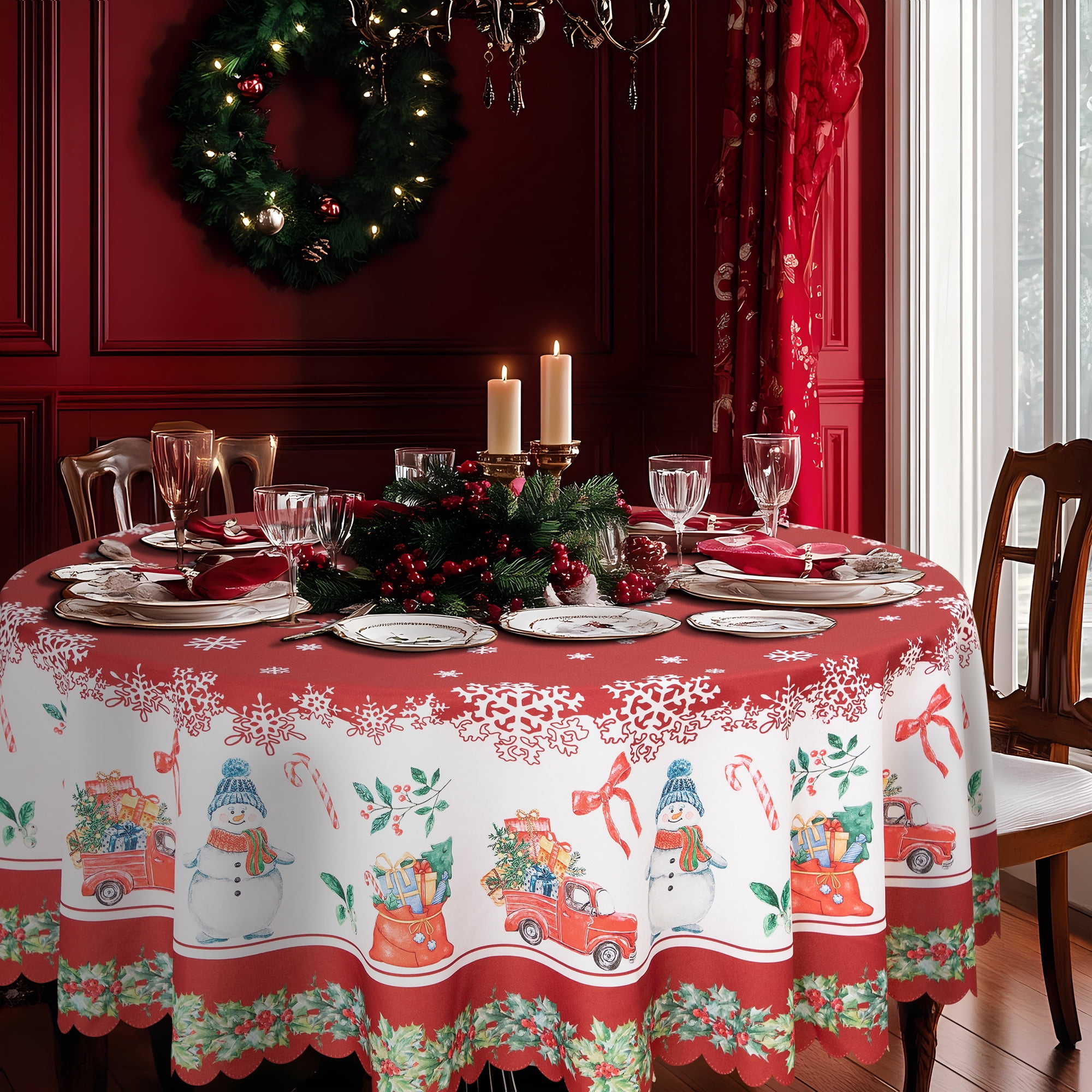 RAY STAR Polyester Christmas Tablecloth 60 inch Round Machine Washable Table Cloths, Thick Can not See Through Heavy Duty Tablecloth