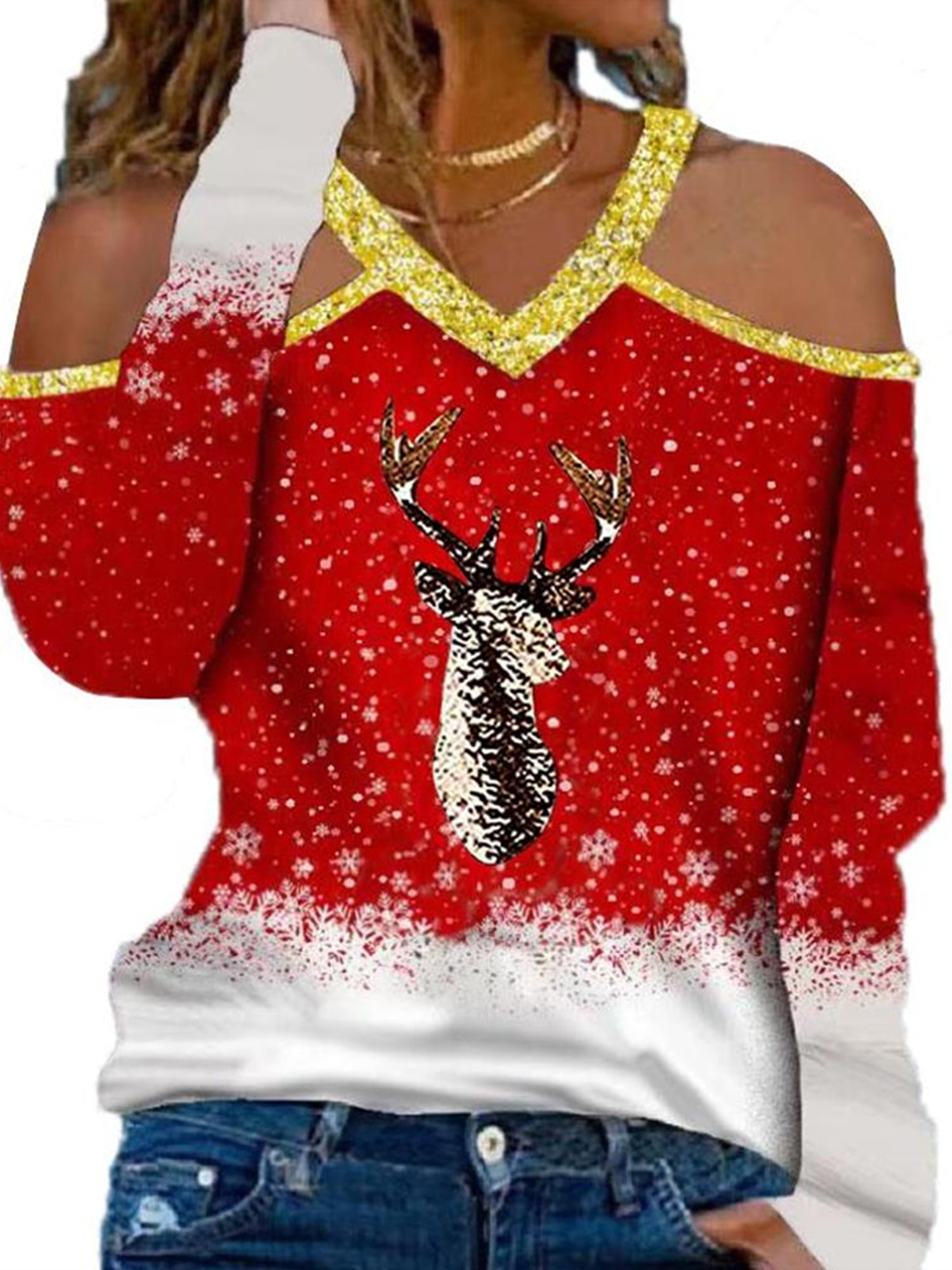 Ladies Christmas Jumper Xmas Reindeer Snowflakes Ruched Cold Cut Shoulder Womens