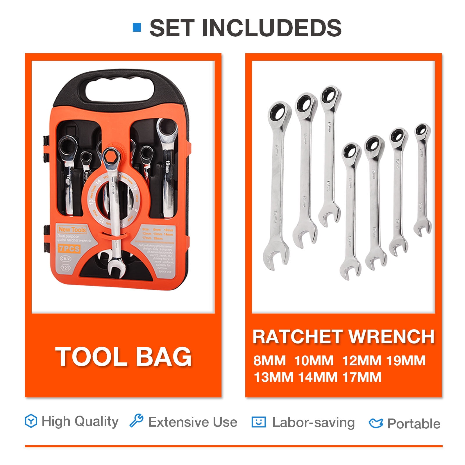 DAWOT 7 Piece Set Ratchet Combination Wrench Kit, 8mm-19mmFull Polished 72 Tooth Box and Open End Standard Garage Tool Set for Mechanics