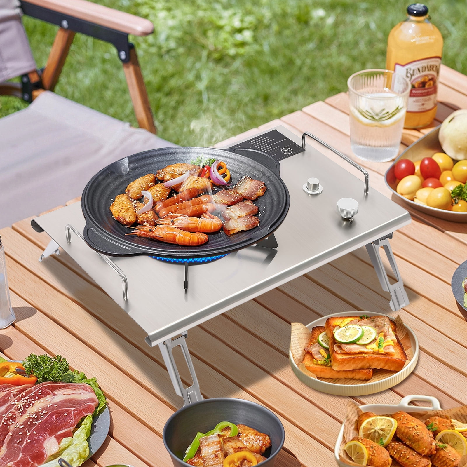 Portable Camp Stove Folding Single-Burner Gas Stove with Carrying Handle Electronic Ignition, Perfect for Camping, Hiking（Sliver）