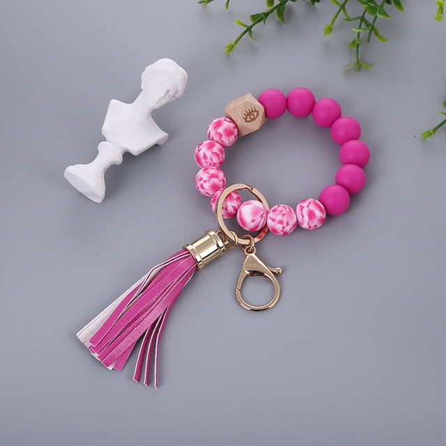 Hangs Silicone Beaded Wristlet Key Ring with Leather Tassel Beaded Keychain for Women Stylish Accessory for Everyday Use