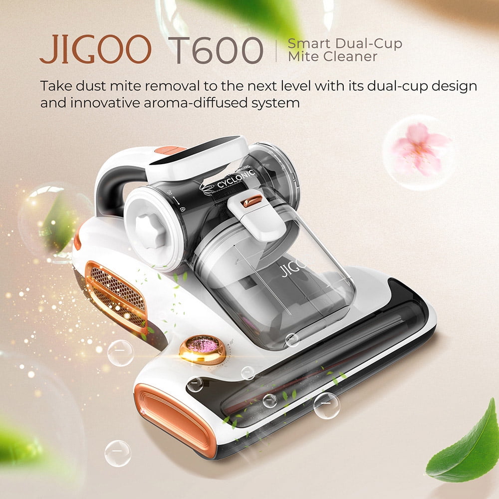 JIGOO T600 Bed Mattress Vacuum Cleaner Dual Cup Design, 15Kpa Suction 700W Powerful Handheld Vacuums with UV-C Light, HEPA Filter - White