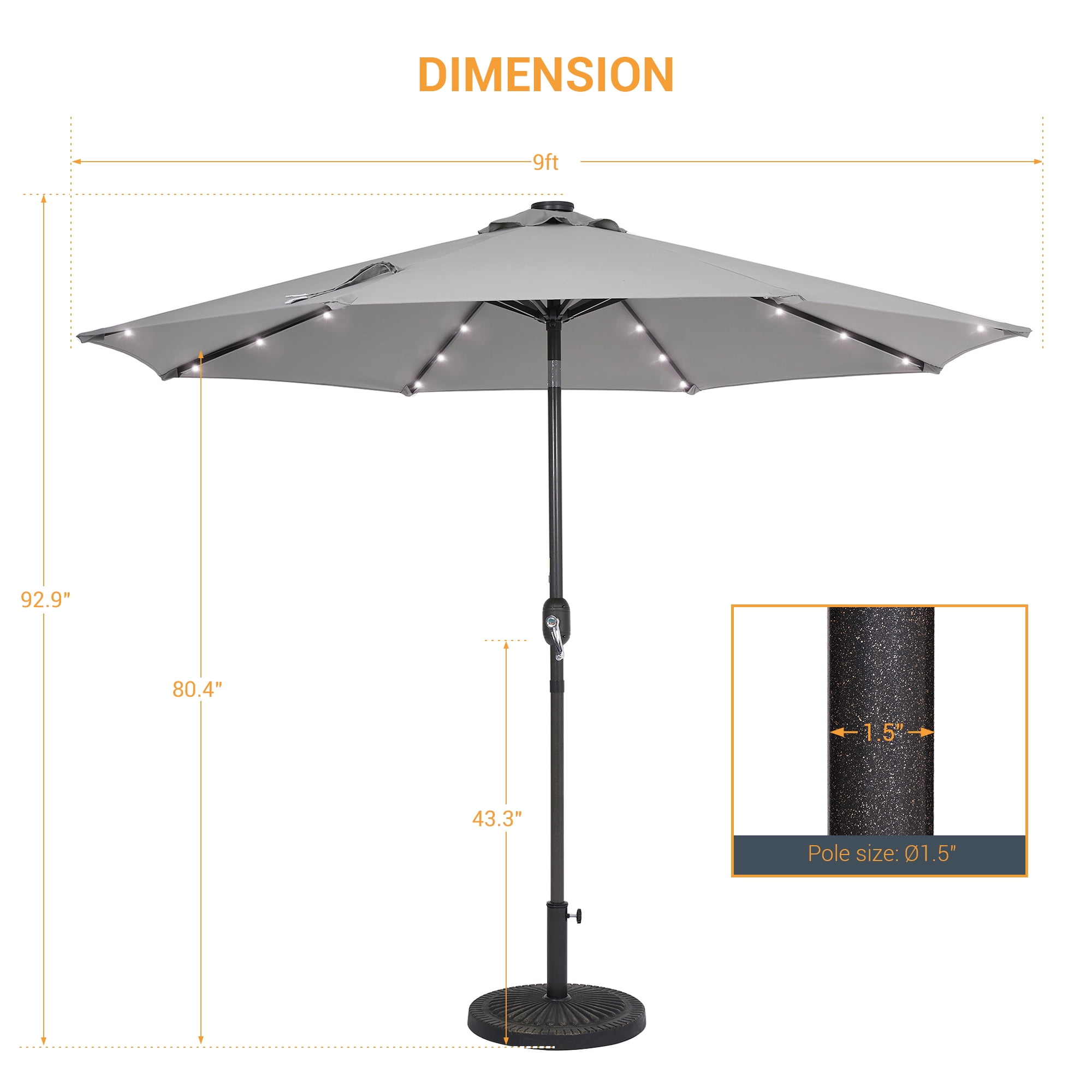 CHYVARY Outdoor LED 9Ft Patio Table Umbrellas with Solar Lights and Tile Button for Garden, Deck and Poolside,Gray