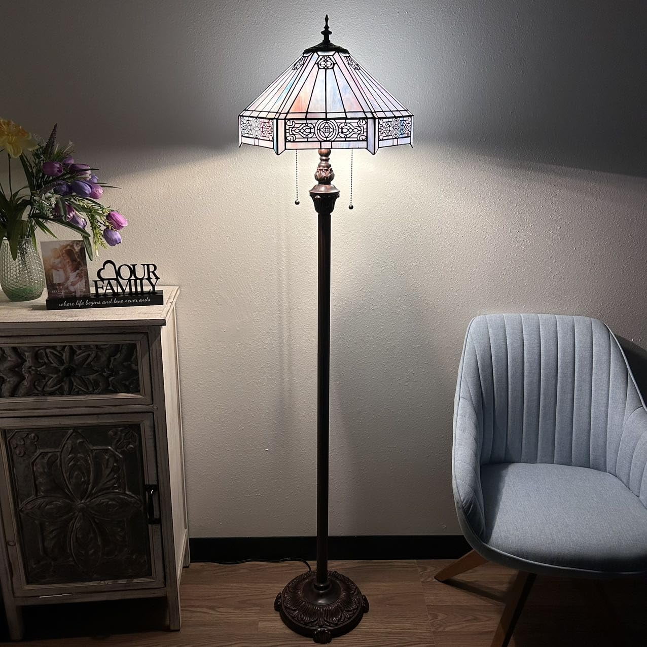 Tiffany Floor Lamp Sky Color Hexagon Stained Glass Mission LED Bulbs Included Pull Chain Switches for Living Room Bedroom 16"W*16"D*64"H